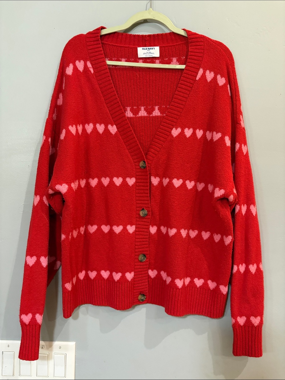 Old Navy XL Tall Red Pink Heart Cardigan Sweater Valentine’s Button Front